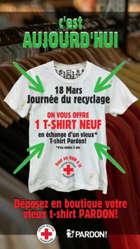 Story de notre instagram @pardon.re pour communiquer sur notre action recyclage et récupération de vieux t-shirts pardon